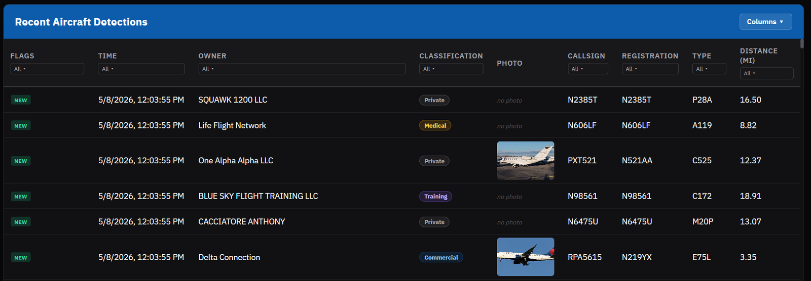 Recent detections table listing aircraft by owner, callsign, registration, type, classification, and distance in miles