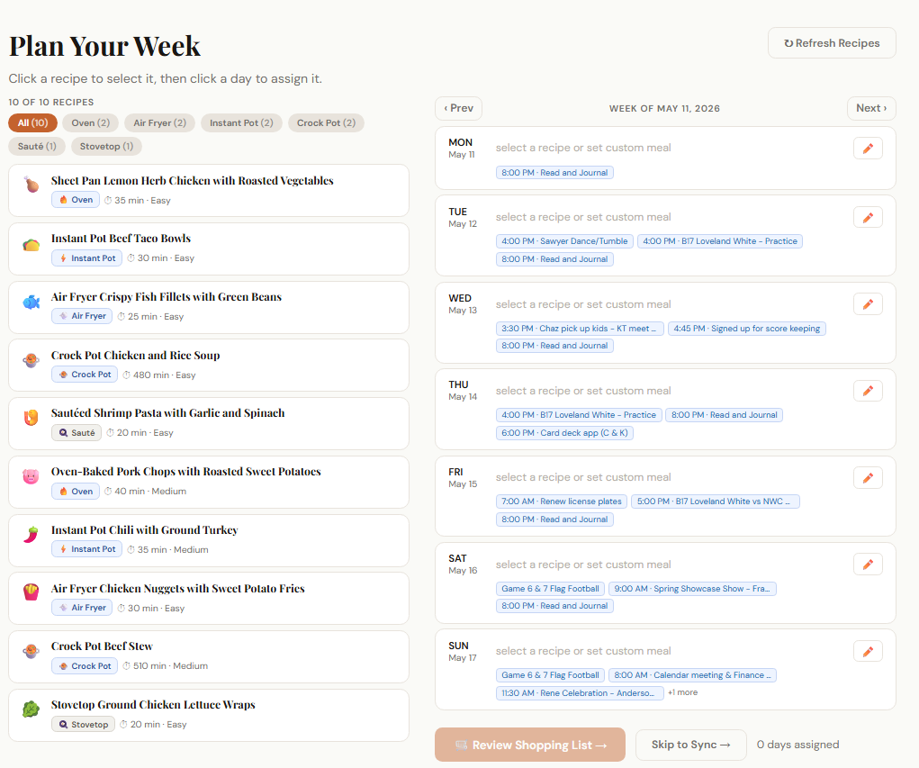 Plan Your Week: 10 Claude-generated recipes filtered by cooking method on the left, empty weekly calendar on the right waiting for assignments