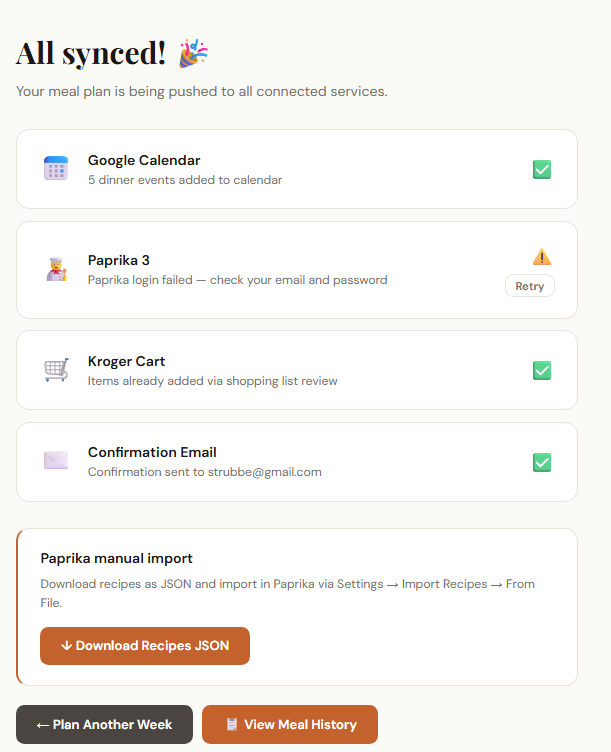 All synced confirmation screen: Google Calendar events added, Kroger cart populated, and confirmation email sent